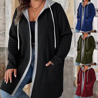Plus Size Fake Two-Piece Hooded Cardigan with Pockets & Drawstring Long Chic Fall/Winter Women's Coat