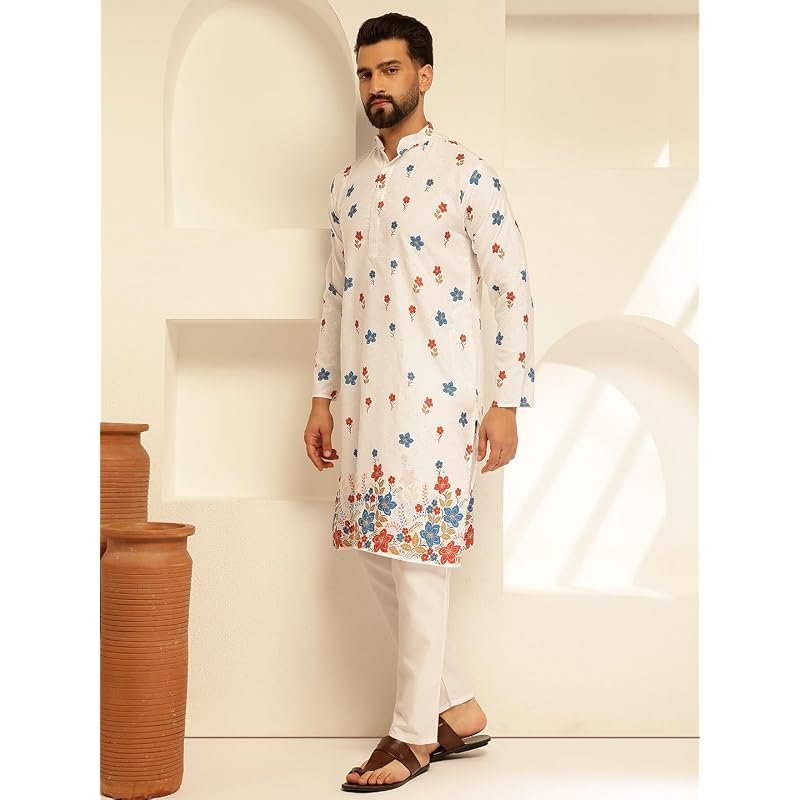 SOJANYA (Since 1958 Men' Cotton Daman Print Long Kurta with Krochet Embroidery