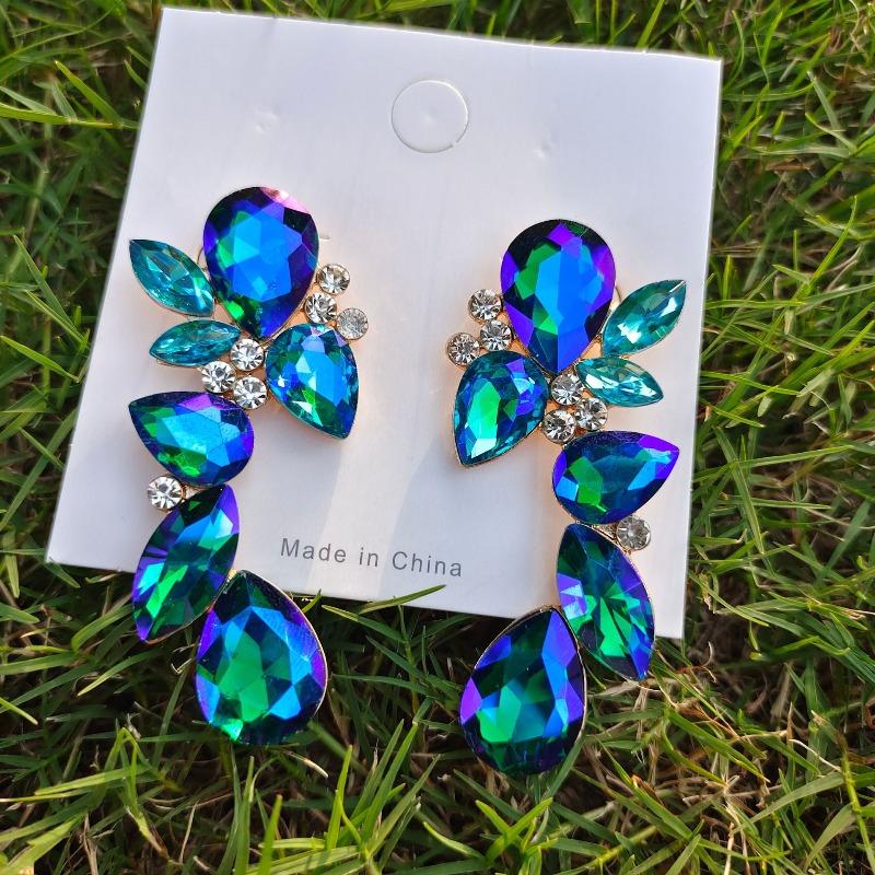 European and American Trend Design, Water Drop-shaped Gem Earrings, Luxury Colorful Super Flash Glass Diamond Earrings