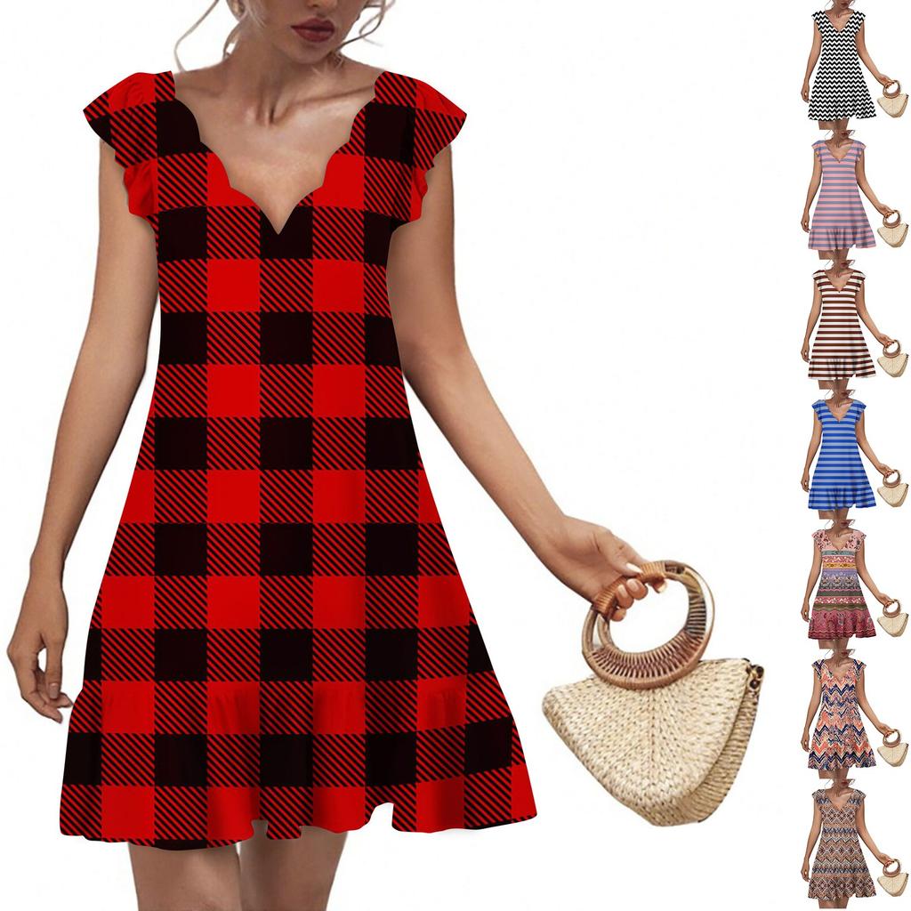 Women's Fashion Casual V Neck Wavy Edge Striped Plaid Print Short Sleeve Dress