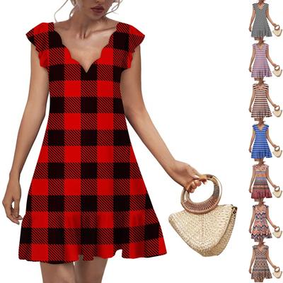 Women's Fashion Casual V Neck Wavy Edge Striped Plaid Print Short Sleeve Dress