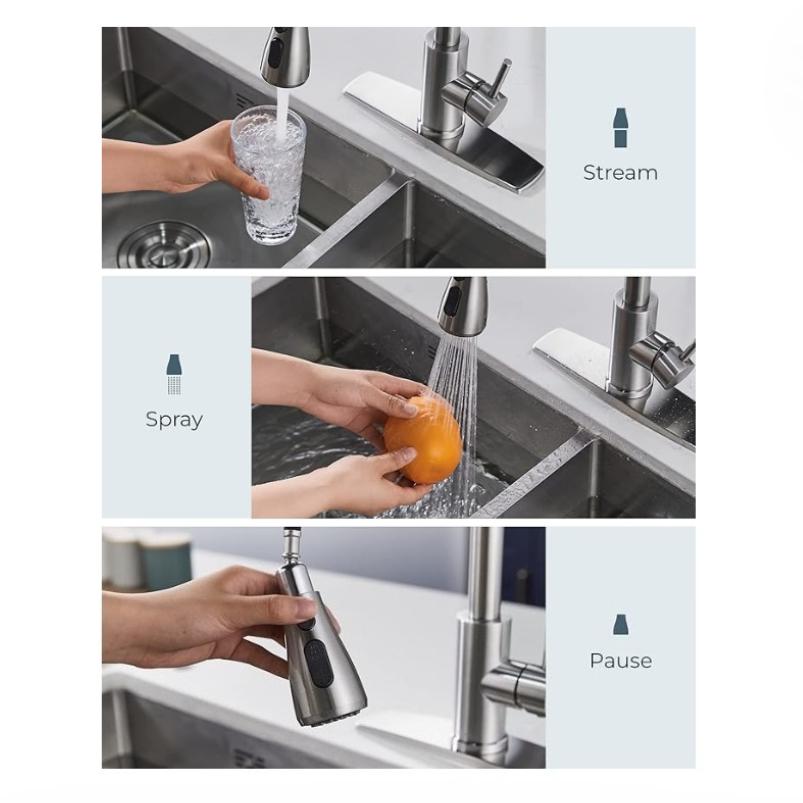 Retractable Kitchen Fixture with 360° Swivel Brushed Nickel, 3 Mode Faucet Kitchen Retractable, Stainless Steel Single Hand Dishwasher Fixture