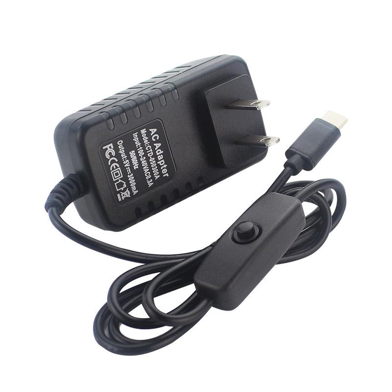 Universal Raspberry Pi 4B Power Supply 5V 3A with Switch, 1m Cord