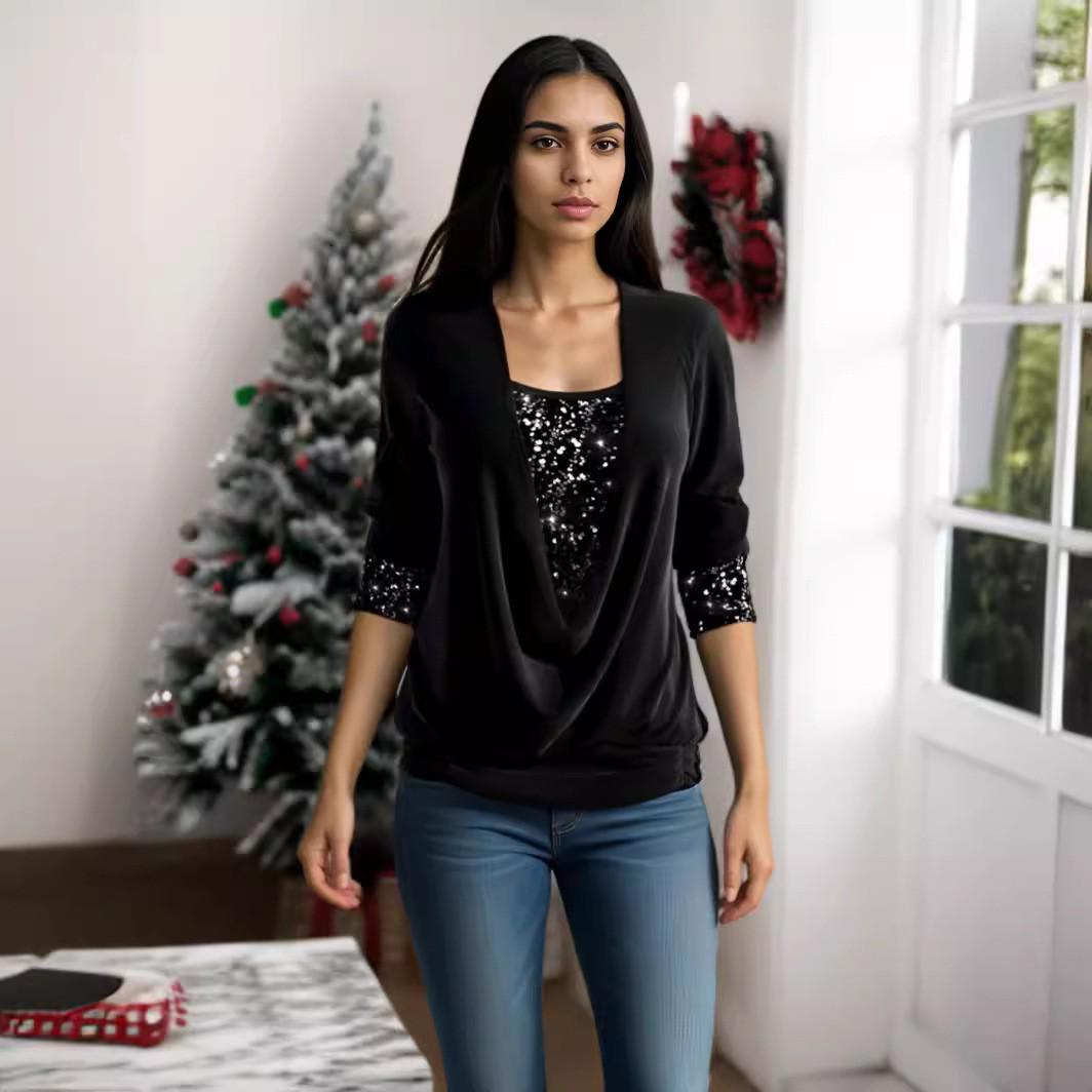 

Жіночий топ з довгим рукавом, розшитий паєтками, осінь 2024, з відкладним коміром і вільним плісованим дизайном