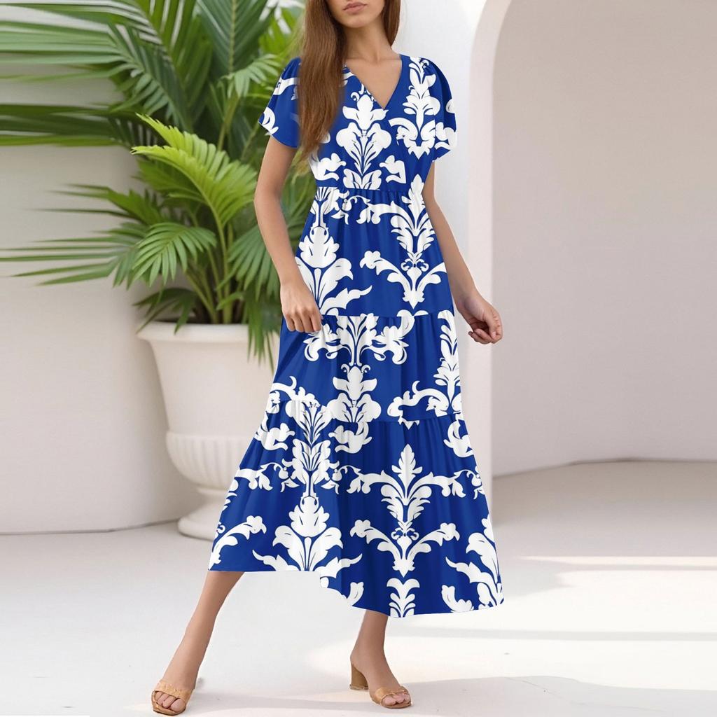 Damen Sommer Casual Mode V-Ausschnitt Rüschenärmel Blumendruck Midi-Kleid