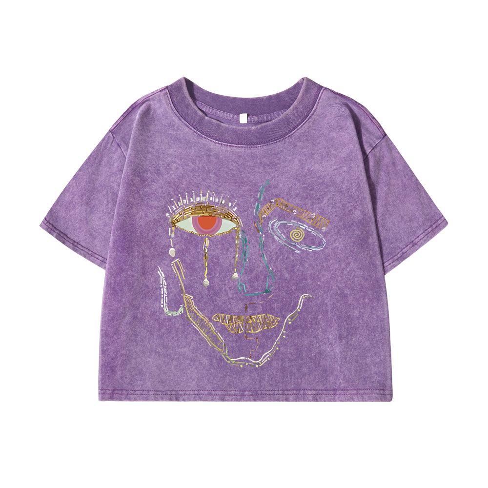 Woman Cotton Crop Washed T-Shirts Color Graffiti Woman'S Face Prints Tops Oversize O-Neck Distressed Short Sleeve Clothes
