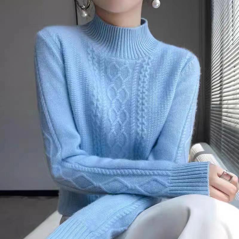 

Women s Half High Neck Knitwear Autumn and Winter Long Sleeve with Fried Dough Twists Sweater Women s Base Coat S світло-синій колір
