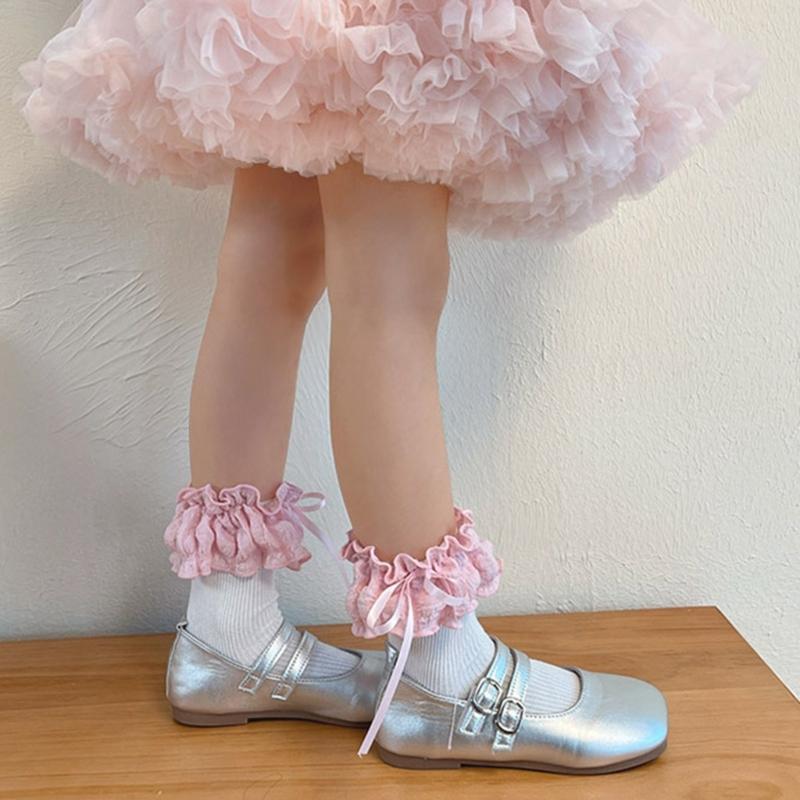 Breathable Cotton Hosiery Socks for Girls Toddler Stretchy Knee High Socks Puff Edge Lace Bows Socks for Autumn Spring