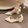 Baotou sandals women's medium heel summer new pearl bow thick heel pointed high heel single shoes