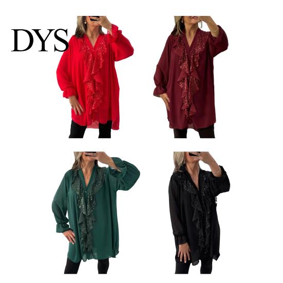 Loose Fit Women Top Shirt V-Neck Long Sleeve Ruffle Trim Chiffon Single Comfortable Blouse Breasted Solid Color Regular Casual Tops