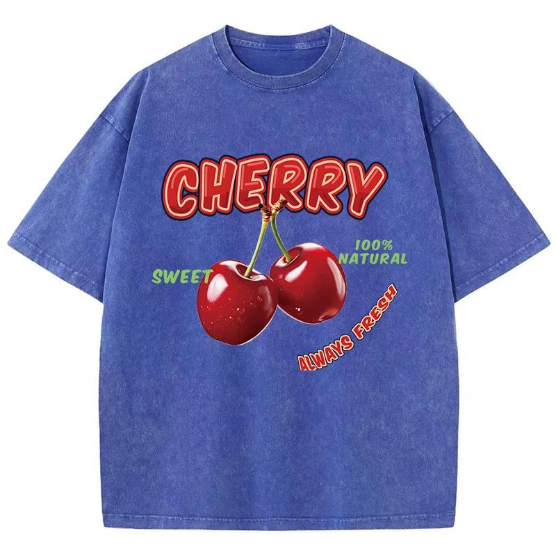 Street Woman Washed T-Shirts Sweet Cherry Aways Fresh Print Short Sleeve Comfortable Cotton Oversize Tops Female Clothes