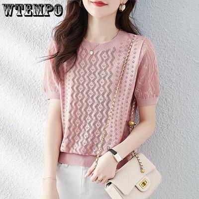 Women's Hollowed Out Ice Silk Knitted Shirt Summer Women's T-shirt Loose Round Neck Temperament Top