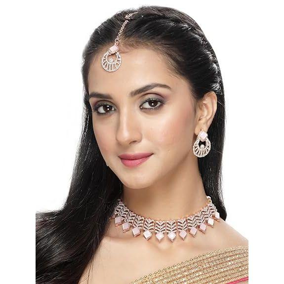 

Приморский комплект из розового золота с розовыми камнями и бусинами AD, колье-колье с серьгами и мантикой | Комплект украшений для женщин