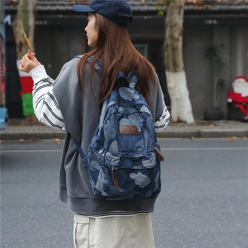 Denim Camouflage Backpack Casual Style Unisex School Bag Fashionable Travel Rucksack