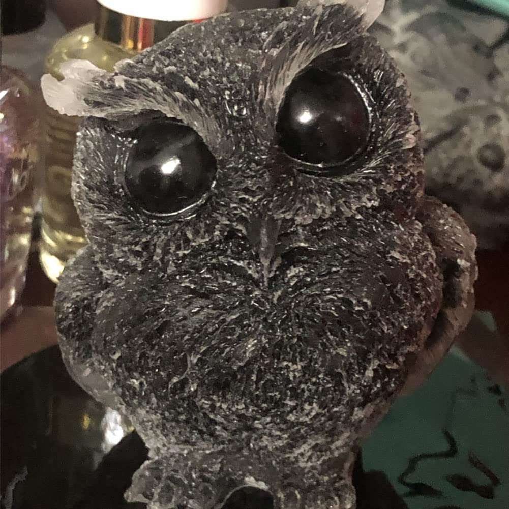YUYAKESHI Owl Figurine, Mascot, Cute Mini Owl, Entryway, Garden, Pebble Container, Natural Stone Owl, Resin Decor, Small Item, Includes Mat (Obsidian)