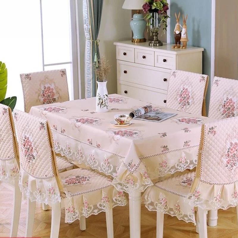 European Style Non Slip Dining Table Fabric Lace Edge Printed Chair Cover Four Seasons Universal Dining Chair Cushion Cover