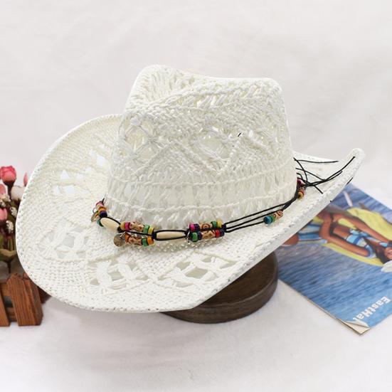 Ψάθα Καπέλο με Προστασία UPF 50+ Ρυθμιζόμενο Λουράκι Πηγουνιού Διακόσμηση με Χάντρες Διάτρητο Σχέδιο Αναπνεύσιμη Πλέξη Ρετρό Ντένιμ Ψάθα Καπέλο