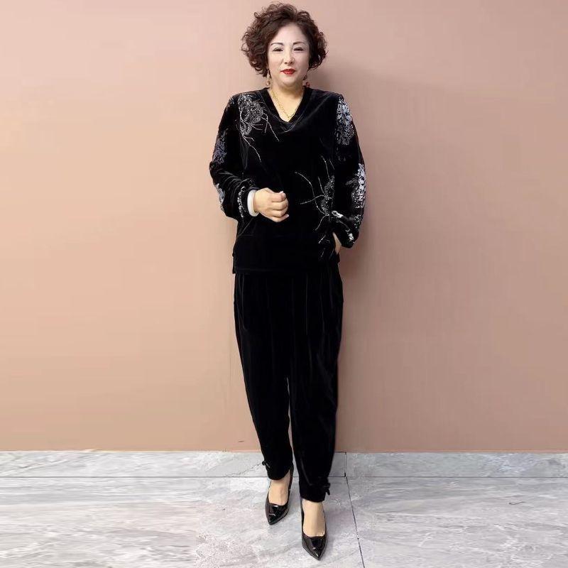 

2pcs Pants Suit Autumn Women s Embroidery Plus-size Velvet Blouse High-waist Velvet Harem Pants Two-piece Set 7XL чорний