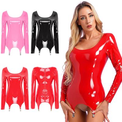 Dámska lesklá lakovaná koža mini šaty vzadu zips s dlhým rukávom bodycon spodná bielizeň klubové oblečenie