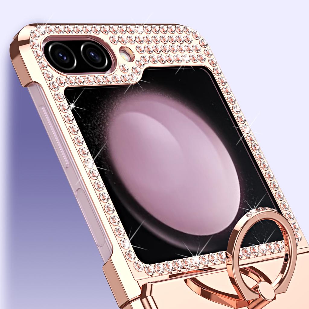 For Samsung Galaxy Z Flip5 5G Imprinted PU+PC Phone Case Rhinestone Decorated Ring Kickstand Phone Cover