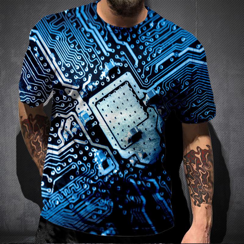 Summer Round Neck Circuit Board Pattern 3D Print Top Fashionable Casual Short Sleeved Men's T-shirts