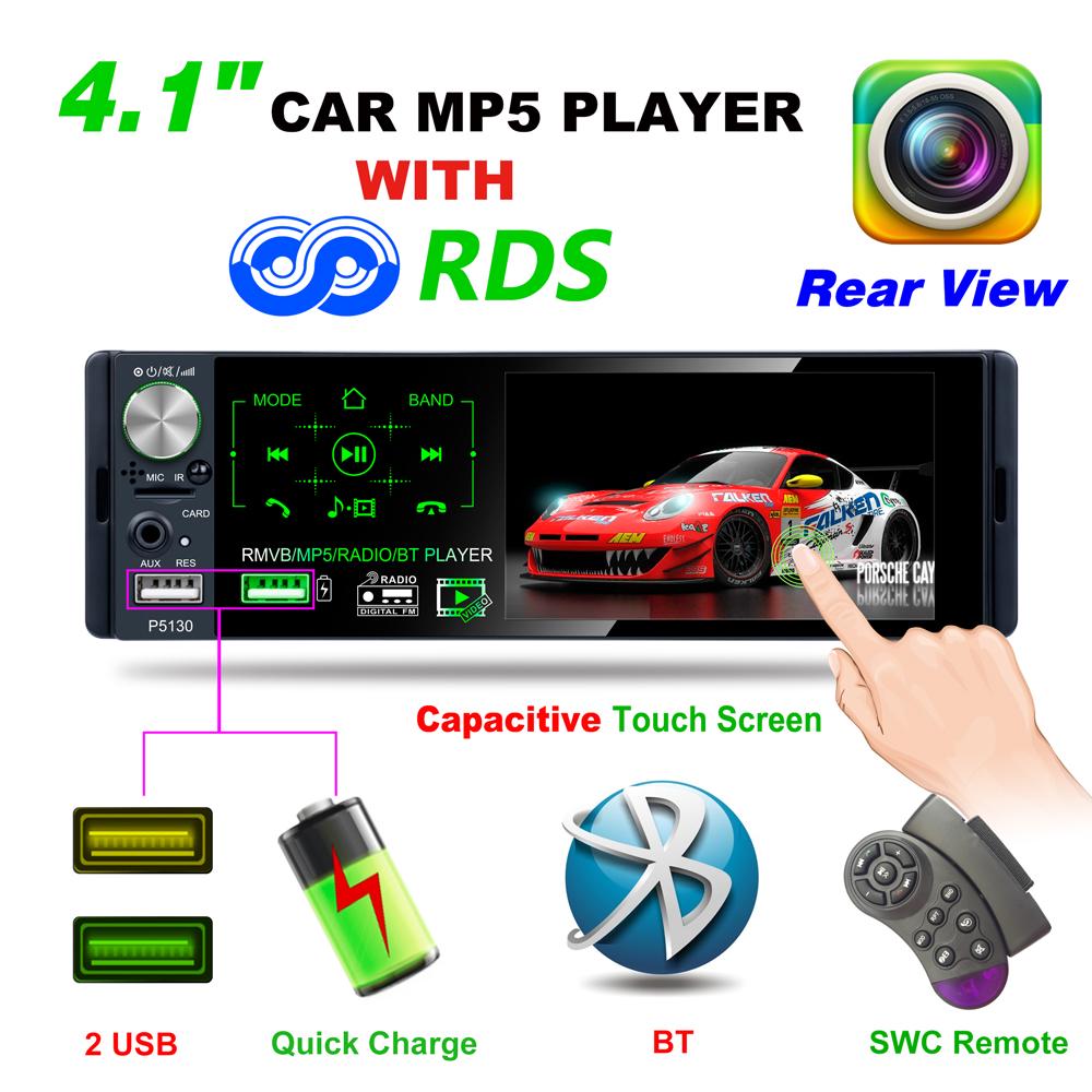 Podofo Radio Car Autoradio 1 Din Multimedia MP5 Player 4.1" Touch Screen Radios Audio Stereo RDS Bluetooth Dual USB Microphone