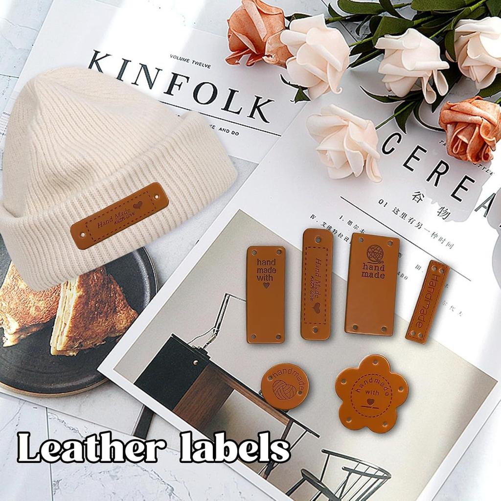 60Pcs Leather Labels Handmade Tags For Clothing Yarn Ball Hand Made Leather Labels Sewing Tags on Hats Knitted Sewing Accssories