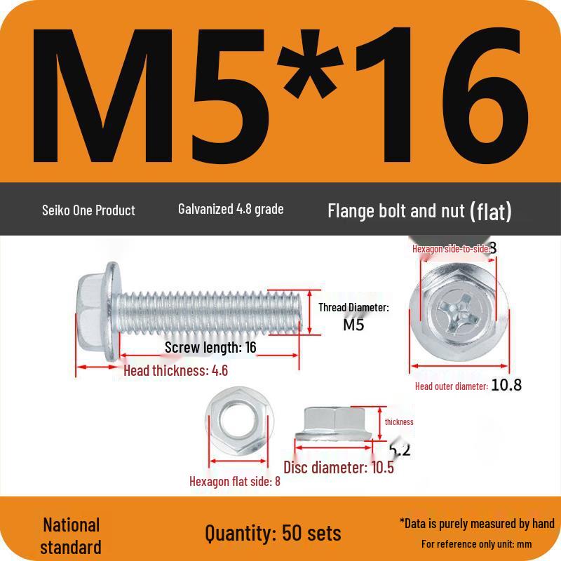 4.8 Grade Galvanized Hex Bolt Set with Anti-slip Washer & Nut, Cross Flange Head, M4/M5/M6/M8mm