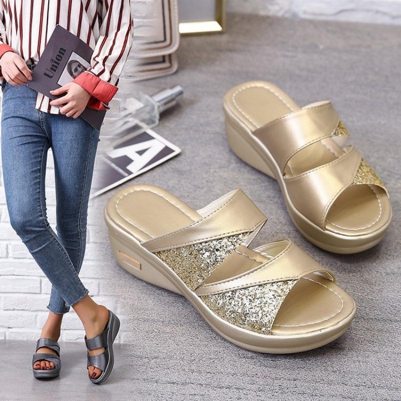 Summer New Thick-bottomed One-word Muffin Cool Slippers Women's Outer Wear Sequined Beach Thick-bottomed Drag