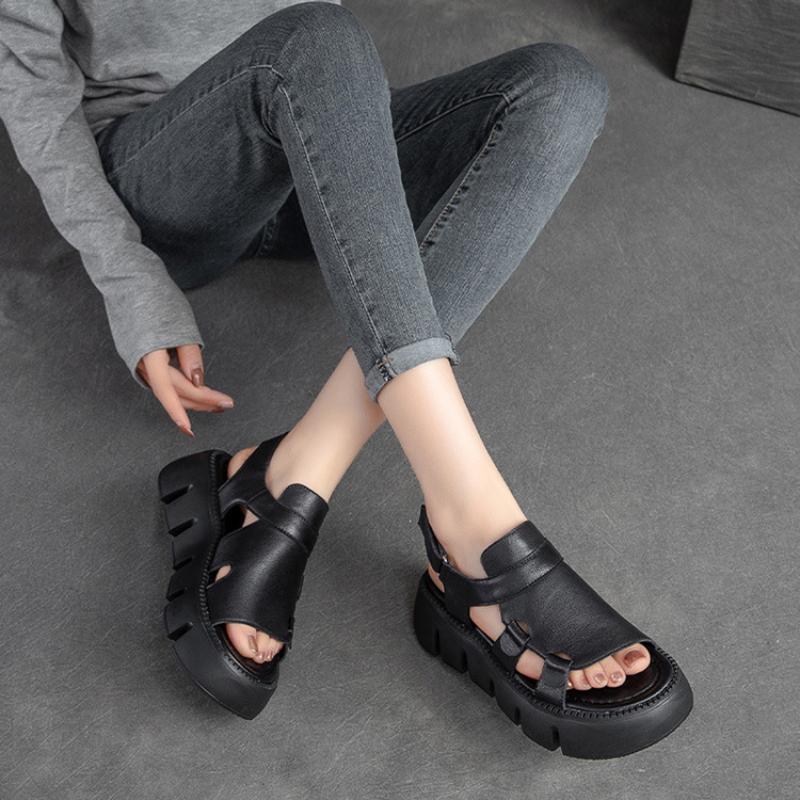 Johnature Γνήσιο δέρμα casual παχιά σόλα Peep Toe Σανδάλια Hollow Breathable Γυναικεία Παπούτσια Πλατφόρμας