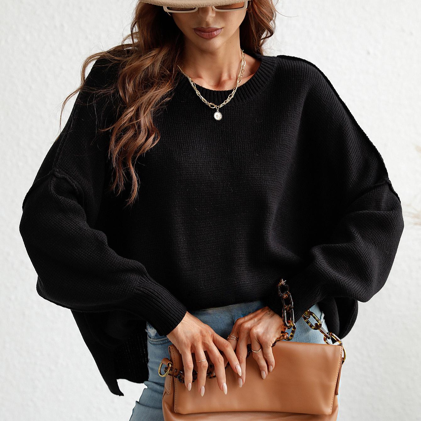 

Осенне-зимний женский свитер большого размера с круглым вырезом и разрезом XL чёрный