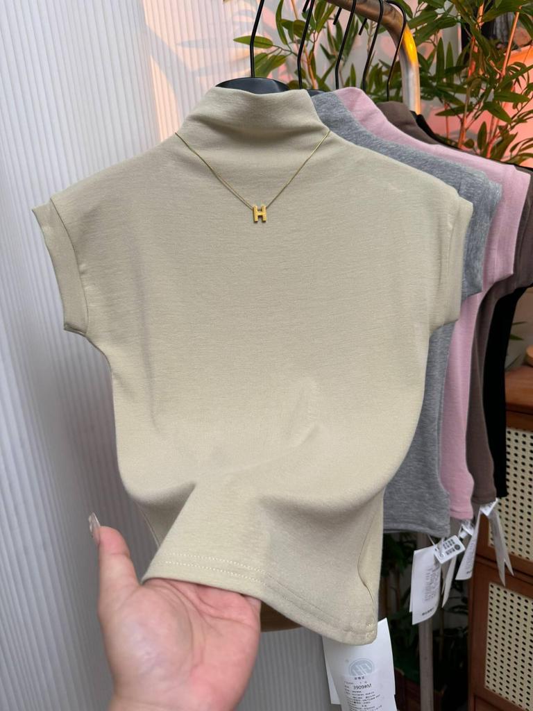 Damen Schwarzes Slim Kurzarm T-Shirt mit Halbochkragen, Frühjahr/Sommer Kollektion 2025