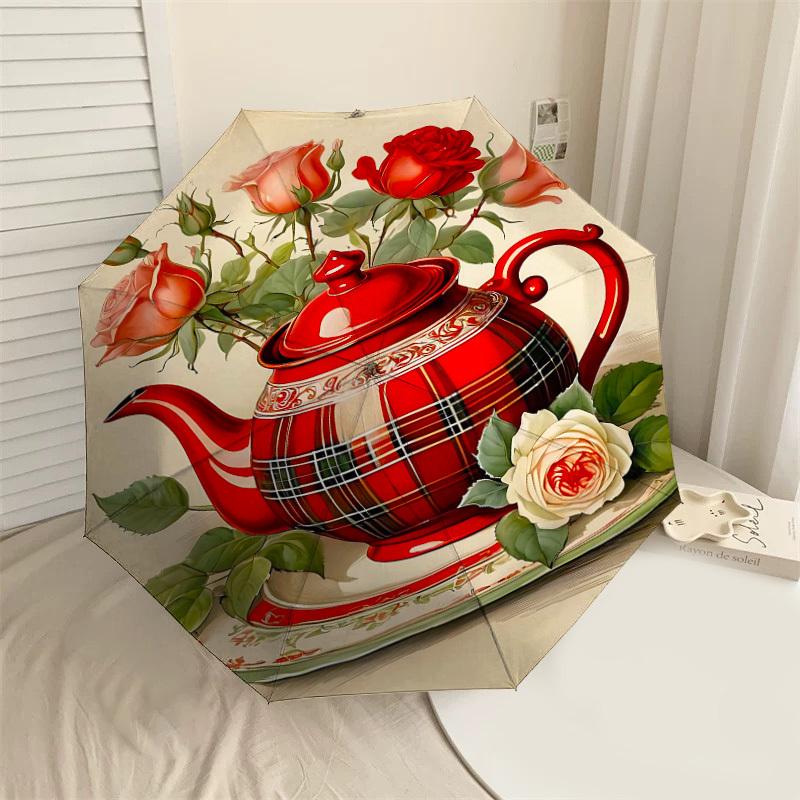 

1pc Tea Pot Roses Automatic Open/Close Umbrella Compact Folding Umbrella with 8-Rib Shaft for Women/Men, Elegant Birthday1268S