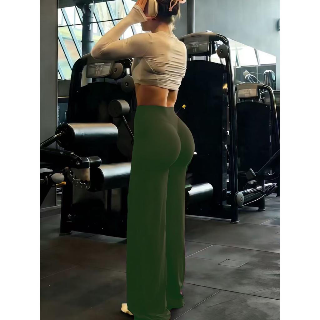 Ladies High-Waisted Wide-Leg Yoga Pants Solid Color Elastic Waistband Comfortable Fabric for Outdoor Fitness