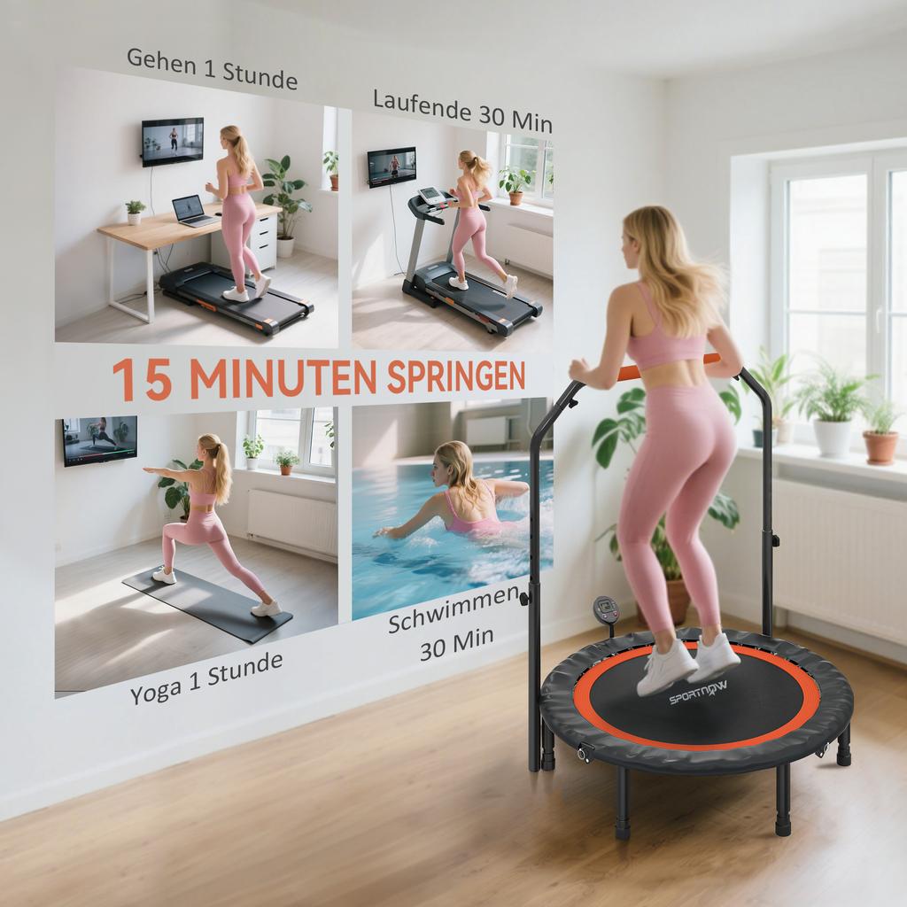 Mini Trampoline With Height Adjustable Handlebar LCD Monitor Steel Black And Red Diameter 102 X 99 123 Cm
