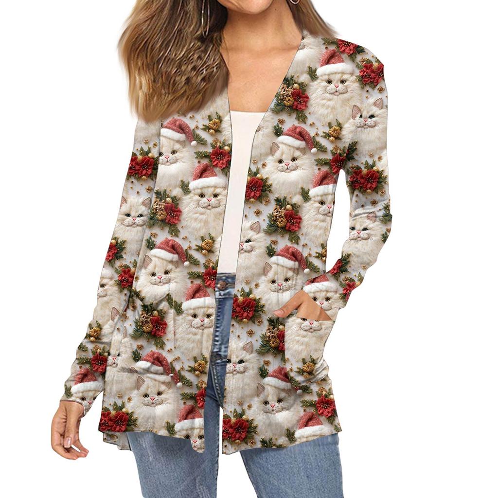 Dámský módní vánoční potisk dlouhý rukáv kapsy slim fit kardigan kabát
