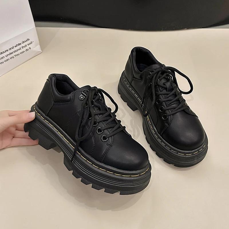 Womens Derby Shoes Autumn British Style Female Footwear Loafers With Fur Round Toe Clogs Platform Casual Sneaker Leather