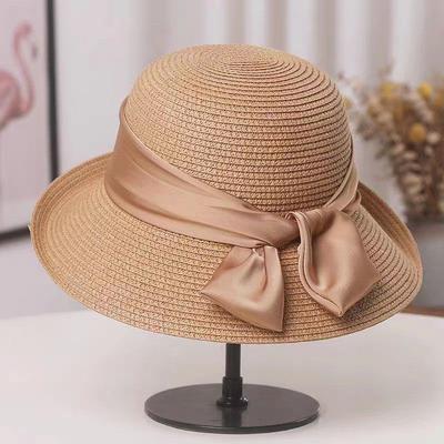 New Summer Sunshade Bow Straw Hat Women's Crimped Bucket Hat Foldable Seaside Beach Sun Hat
