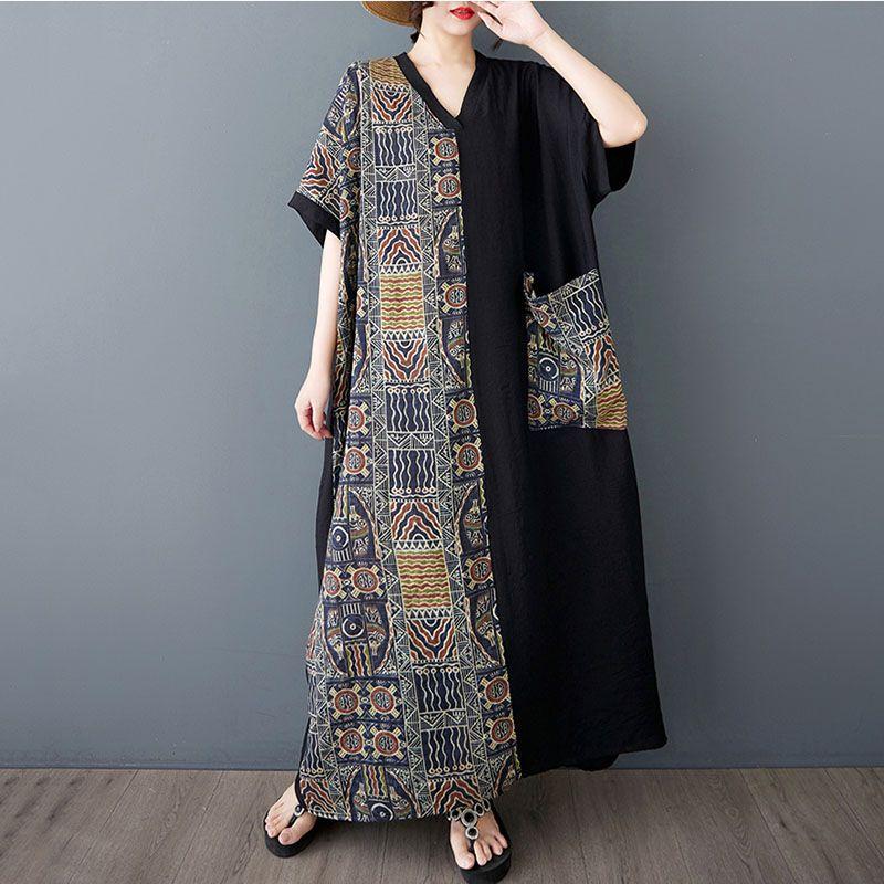 

Летнее тонкое хлопковое и льняное платье с V-образным вырезом, женская длинная юбка с контрастной строчкой One size