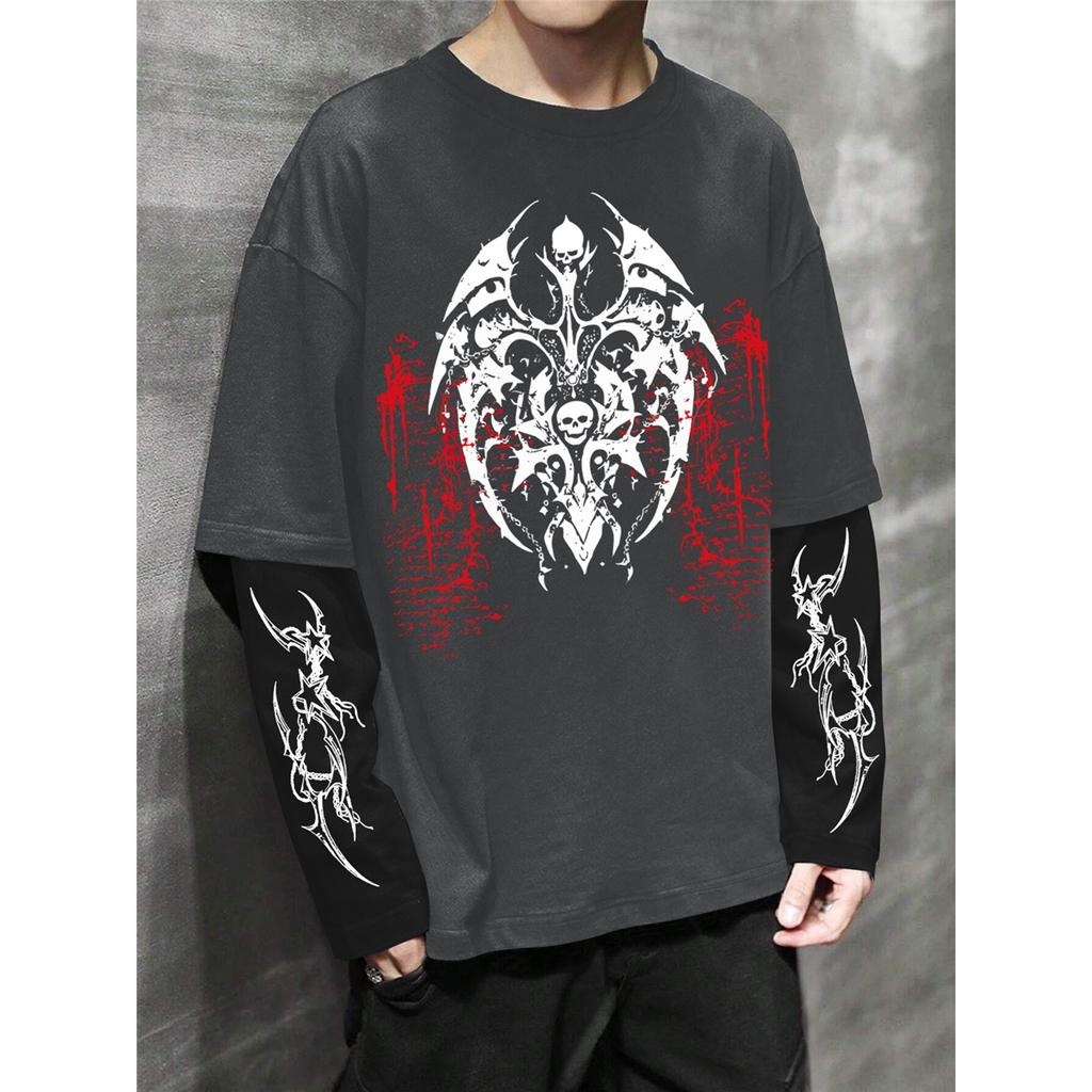 Men'S High Street Hip-Hop Dark Style Double Sleeve Print T-Shirt, a Fashionable New Arrival for Spring