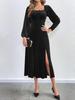 2024 European & American Women's Sexy Slit Velvet Dress with Square Neck & Puff Long Sleeves