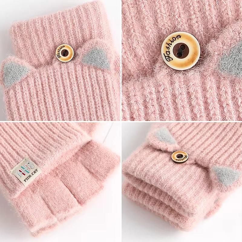 Winter Women Knitted Gloves Thick Woolen Female Mittens Cute Flip Fingerless Exposed Finger Girl Gloves For Cycling Hand Warmer