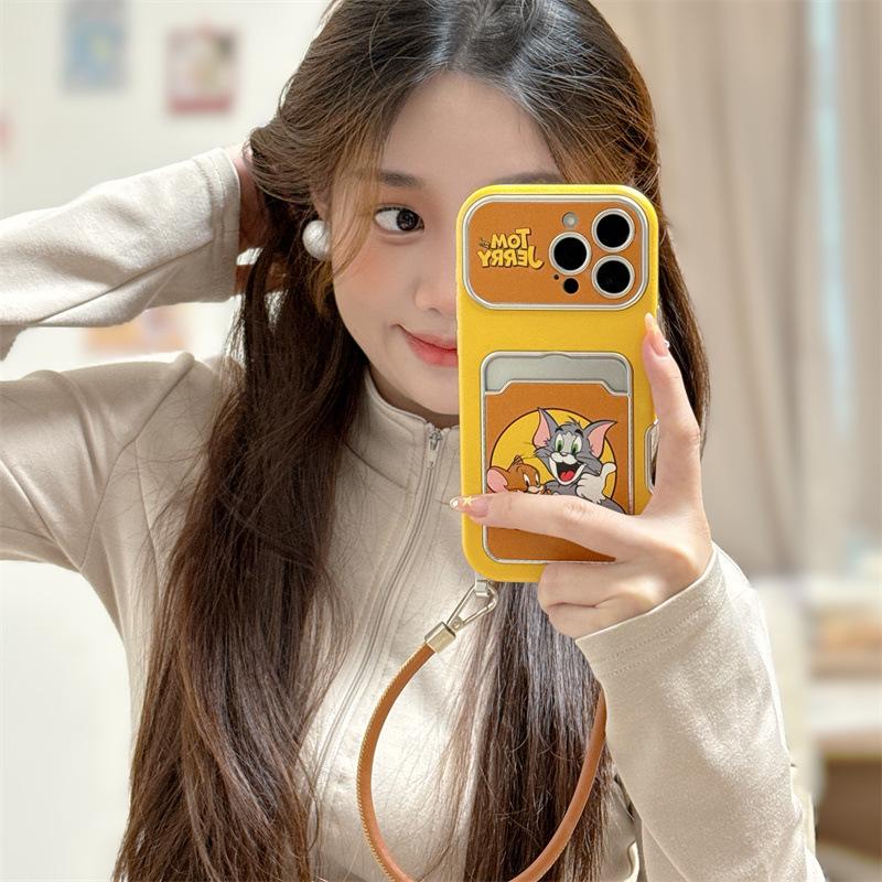 Cartoon Mouse Leather Card Holder Lanyard for iPhone 15/16/17 Pro Max