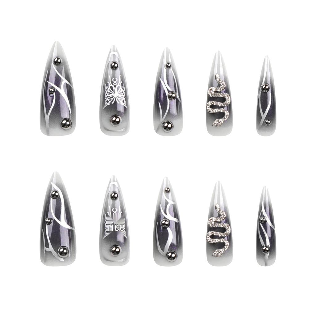 Y2K Dark Punk Style Wearable Nail Patches with Flashy Diamonds, Year of the Snake Design, Butterfly Art, Extra Long Pointy Fake Nails.