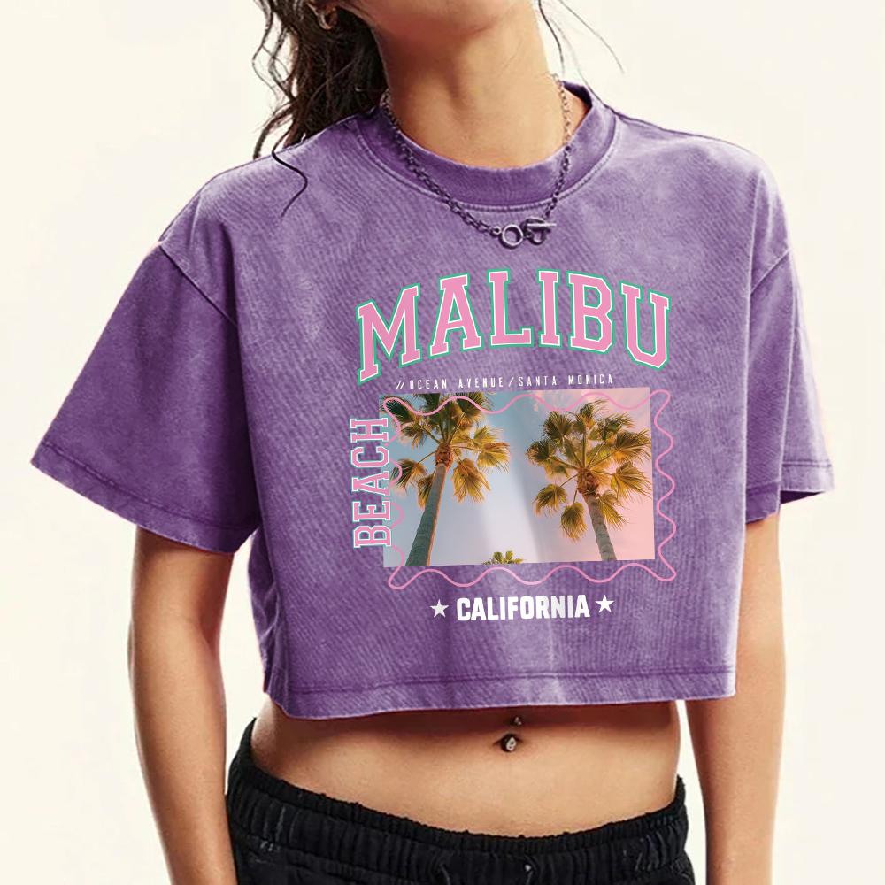 Malibu Coconut Tree California Printed Washed Tee Shirt Women Fitness Summer Tops Retro Short Sleeve Cotton Clothing