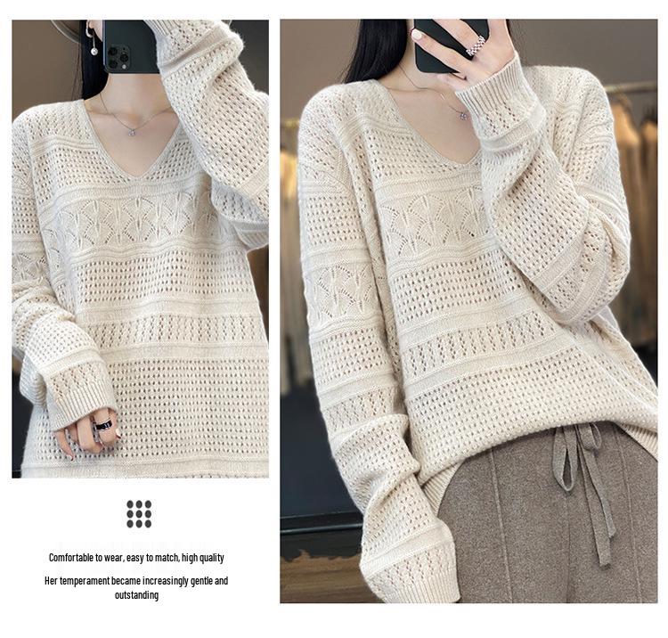 2023 Women's Pure Cashmere V-Neck Knitted Sweater: Loose, Hollow, Autumn/Winter Wool Pullover