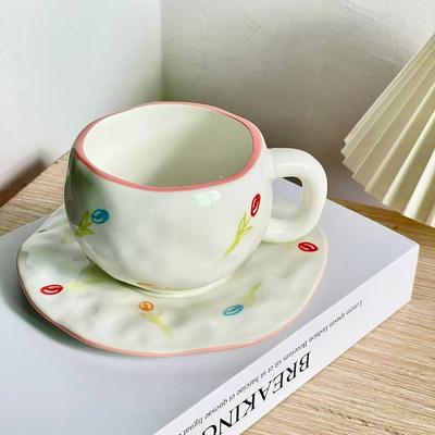 Vintage Ins Style, Hand-painted Handmade Irregular Cute Tulip Ceramic Coffee Cup Saucer Latte Drinking Cup