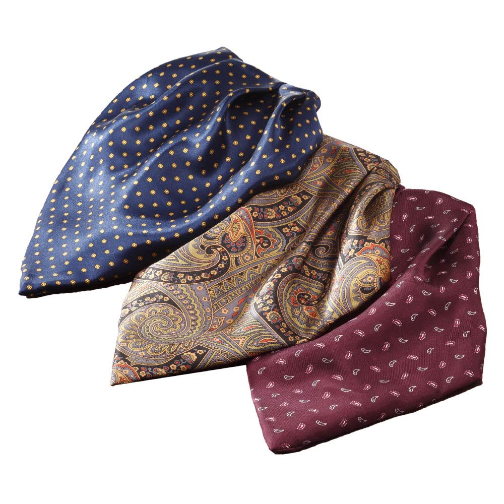 

One-touch silk ascot tie, set of 3, wine red, navy, ethnic pattern, dandy style, 10558-59-61