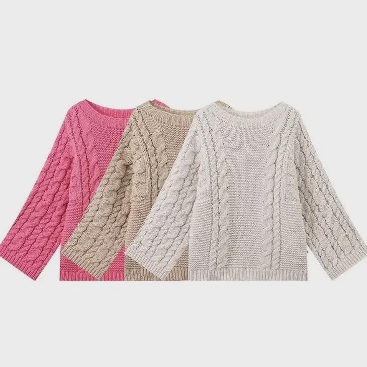 Europäischer & Amerikanischer Damen Strickpullover mit Rundhalsausschnitt & Trompetenärmeln