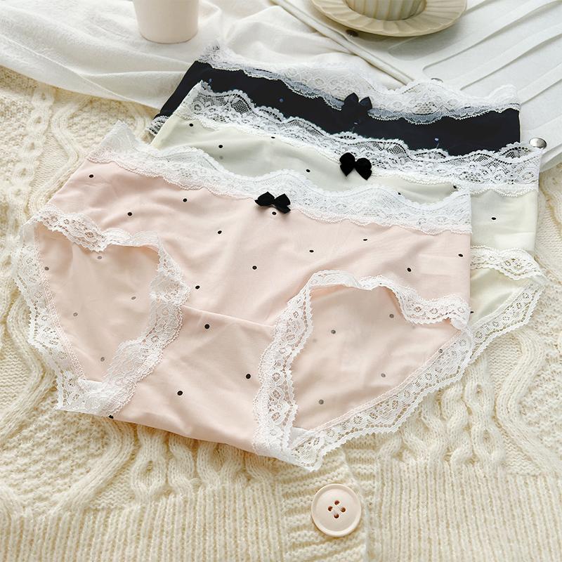 4PCS Lace Pattern Underwears Bowknot Polka Dot Underpants Sexy Cute Style Panties Transparent Briefs M-XL Seamless Panty